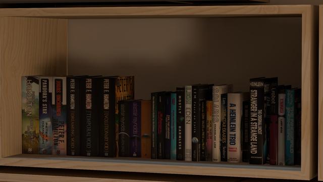 A screenshot from VRChat showing a modern, realistically lit bookshelf filled with books. This is a close-up zooming in on the science fiction section. You can see stacked Great North Road, the Commonwealth Saga and the Void trilogy by Peter Hamilton, the Revelation Space trilogy by Reynolds, the Hitchhiker's Guide to the Galaxy by Douglas Adams, Eden, Peace on Earth, two books of Tales of Pirx the Pilot, Solaris and the Star Diaries by Stanislaw Lem, a Heinlein Trio, Moon is a Harsh Mistress, Starship Troopers and Stranger in a Strange Land by Heinlein, The Caves of Steel and I, Robot by Asimov, Ringworld and Ringworld Engineers by Larry Niven, and Sundiver by David Brin, all of those with accurate covers and physical dimensions.
