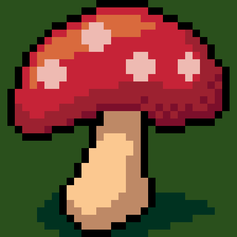 A 32x32 pixel art mushroom with a red cap and white spots.