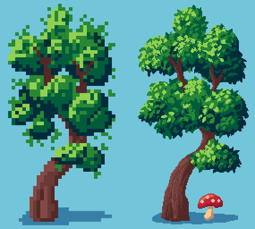 Two pixel art trees side by side. The left is lower resolution at 32x64 pixels, and the right is 128x256. The right one has yesterday's mushroom next to it for size comparison.
