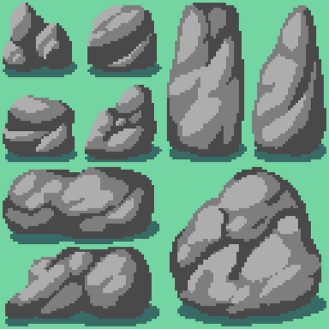 A set of grey pixel art rocks of various sizes on a pale green background.