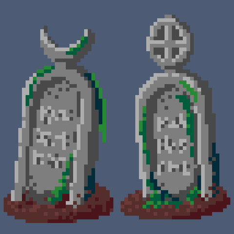A pair of pixel art tombstones, one with a crescent shape on top, the other with a wheel-like shape. Both are covered in moss.