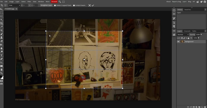 a screenshot showing the workspace of Photopea, very similar to the general interface of Photoshop. A photo is loaded with the crop tool selecting an area. All tools are visible on the left side and the right side shows the panel where layers, effects, history, text tools are.