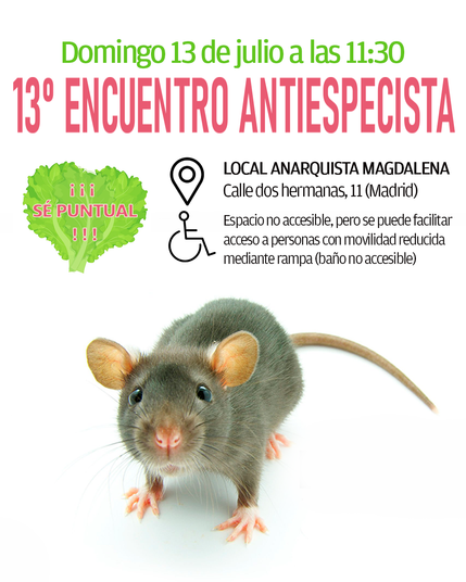 Cartel del 13º encuentro antiespecista. Sobre fondo blanco aparece la fotografía de una rata gris. El texto, en letras verdes, rojas y negras:
Domingo 13 de julio a las 11.30 (en verde)
13º Encuentro Antiespecista (en rojo)
A la izquierda aparece una hoja de lechuga sobre la que se superpone en rosa el texto: ¡Sé puntual!
A la derecha en negro:
Icono de posición: Local Anarquista Magdalena.
Calle Dos Hermanas, 11 (Madrid)
Icono de accesibilidad, una persona en una silla de ruedas: Espacio no accesible, pero se puede facilitar acceso a personas con movilidad reducida mediante rampa (baño no accesible)