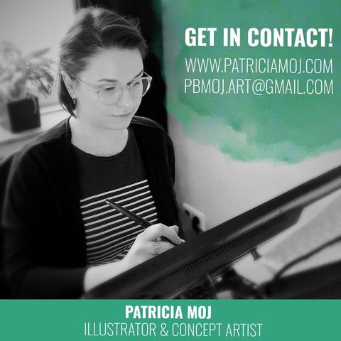black and white photo of myself working on a pen display, the text "get in contact! www.patriciamoj.com pbmojart@gmail.com" written on the picture
