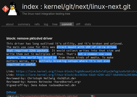 Screenshot of https://git.kernel.org/pub/scm/linux/kernel/git/next/linux-next.git/commit/?id=1cea5180f2f812c444ceebdc40f5d001bedd030d
