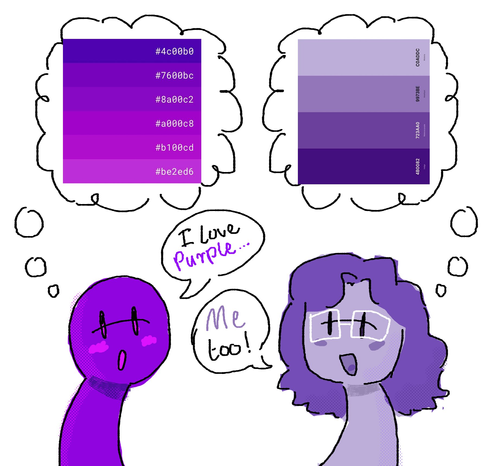 Two purple characters saying "I love purple" "me too" and each of them thinking of different hues. The first on the warmer sunset type gradient, the second more muted cold hues.