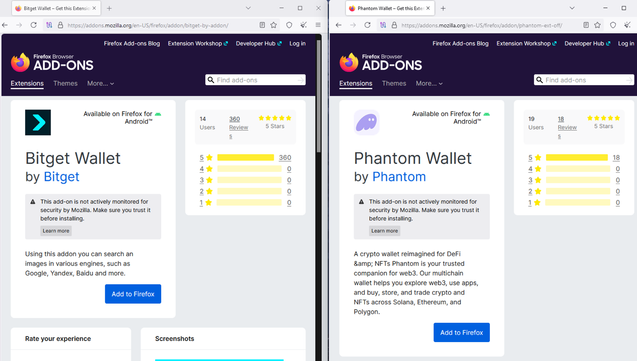 [ImageSource: Screenshot/Firefox add-ons store]

More than 40 fake extensions in Firefox’s official add-ons store are impersonating popular cryptocurrency wallets from trusted providers to steal wallet credentials and sensitive data.

Researchers at Koi security found the risky extensions along with evidence indicating that behind the campaign is a Russian-speaking threat group. In a report, the researchers say that many of these browser add-ons are clones of open-source versions of legitimate wallets with added malicious logic.

‼️To build trust, the threat actor uses the real logos of the brands they impersonate and many of the extensions had hundreds of fake five-star reviews. Some of them also had a large number of one-star reviews reporting the scam, likely from users that lost their cryptocurrency.‼️

👾Although most of the user reviews are obviously fake [they surpass the installation figure by far], many users not paying attention to the details could still be tricked into installing them and risk their seed phrases being stolen.👾