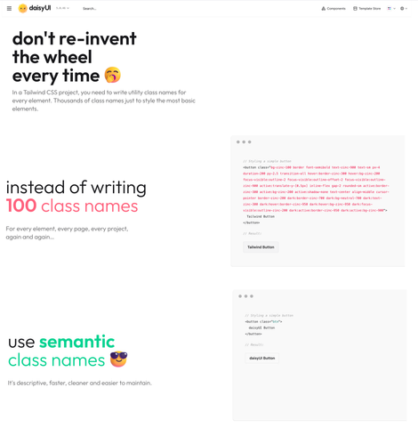 A framework called daisyUI builds semantic class names on top of Tailwind