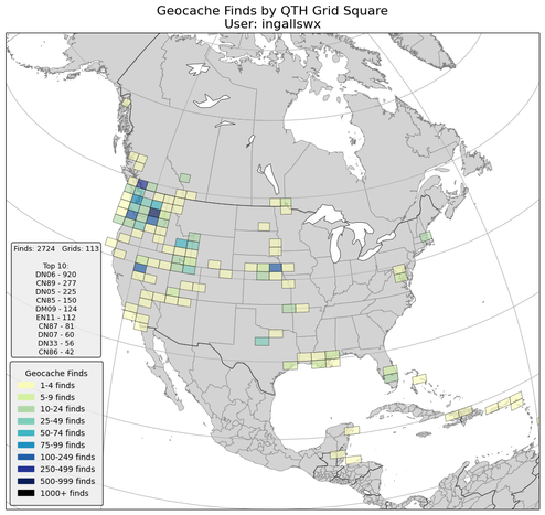 A map of North America showing QTH grid squares I have geocached in. Three new squares were added in Minnesota and Manitoba, bringing me to a total of 113.

The top three are:
DN06 (Kennewick) - 920
CN89 (Vancouver) - 277
DN05 (Hermiston) - 225