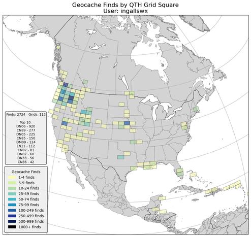 A map of North America showing QTH grid squares I have geocached in. Three new squares were added in Minnesota and Manitoba, bringing me to a total of 113.

The top three are:
DN06 (Kennewick) - 920
CN89 (Vancouver) - 277
DN05 (Hermiston) - 225