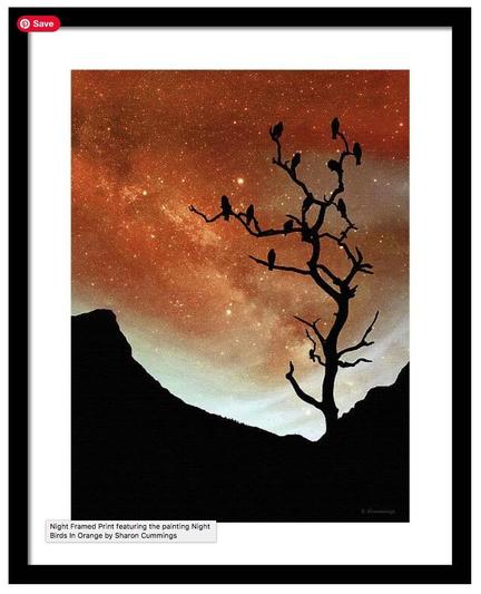 Orange night sky with a barren silhouetted tree with birds and mountains in the background by artist Sharon Cummings.
