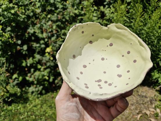 Un bol réalisé en terre cuite, avec un émail principal qui apparaît jaune pour le moment, et des gouttes d'un autre email qui parsèment l'intérieur. Photo prise au soleil, l'objet est tenu à la main sur un gond de végétation luxuriante. Prêt à cuire !