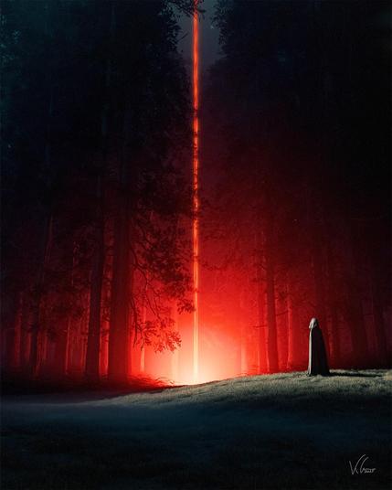 A cloaked figure stands in a dark forest bathed in an eerie red glow emanating from a bright vertical light beam.