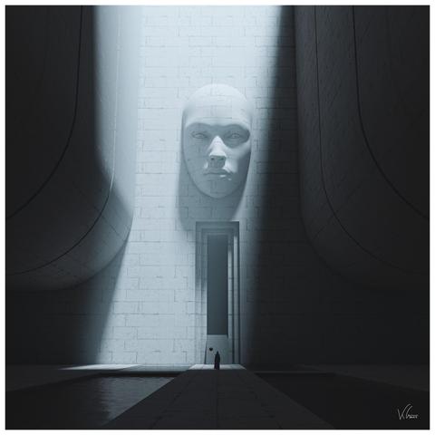 A striking digital artwork depicts a towering, serene human face sculpted into a white brick wall, illuminated by a strong shaft of light from the upper left. Below the face, a tall, narrow doorway is visible. In the foreground, a tiny, cloaked figure stands on a raised pathway, facing the wall. To the left, a dark pool of water reflects the light. The overall scene has a minimalist, almost ethereal quality, emphasizing scale and contemplation.