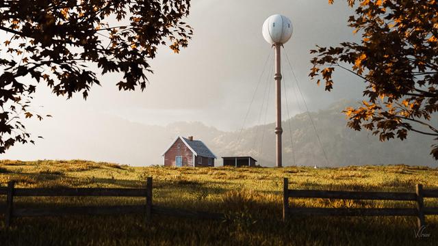 A small farmhouse lies in a grassy field, adjacent to a tall radio tower. Autumn trees frame the scene, with mountains visible under a cloudy sky in the background.