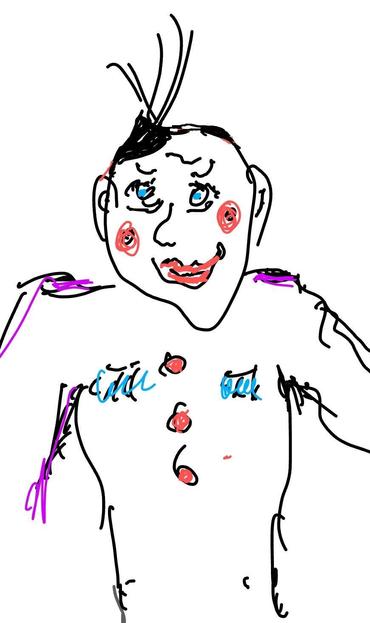 Handskizzierter Clown mit einer kleinen schwarzen Kappe und einem rotem Punkt auf jeder Wange in einer Spielmannsuniform mit Litzen und Orden sowie großen roten Knöpfen. Die Skizze ist auf weißem Hintergrund gezeichnet.