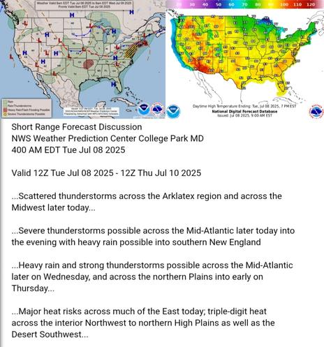 Valid 12Z Tue Jul 08 2025 - 12Z Thu Jul 10 2025

...Scattered thunderstorms across the Arklatex region and across the
Midwest later today...

...Severe thunderstorms possible across the Mid-Atlantic later today into
the evening with heavy rain possible into southern New England

...Heavy rain and strong thunderstorms possible across the Mid-Atlantic
later on Wednesday, and across the northern Plains into early on
Thursday...

...Major heat risks across much of the East today; triple-digit heat
across the interior Northwest to northern High Plains as well as the
Desert Southwest...