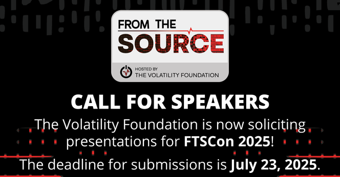 The From The Source logo appears on a black background with red design details. The text reads: CALL FOR SPEAKERS, The Volatility Foundation is now soliciting presentations for FTSCon 2025! The deadline for submissions is July 23, 2025.