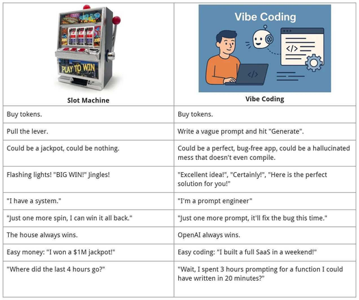 A comparison between a slot machine and vibe coding:

Slot Machine: Buy tokens.
Vibe Coding: Buy tokens.

Slot Machine: Pull the lever.
Vibe Coding: Write a vague prompt and hit "Generate."

Slot Machine: Could be a jackpot, could be nothing.
Vibe Coding: Could be a perfect, bug-free app, could be a hallucinated mess that doesn’t even compile.

Slot Machine: Flashing lights! "BIG WIN!" Jingles!
Vibe Coding: "Excellent idea!", "Certainly!", "Here is the perfect solution for you!"


Slot Machine: "I have a system."
Vibe Coding: "I'm a prompt engineer."

Slot Machine: "Just one more spin, I can win it all back."
Vibe Coding: "Just one more prompt, it'll fix the bug this time."

Slot Machine: The house always wins.
Vibe Coding: OpenAI always wins.

Slot Machine: Easy money: "I won a $1M jackpot!"
Vibe Coding: Easy coding: "I built a full SaaS in a weekend!"

Slot Machine: "Where did the last 4 hours go?"
Vibe Coding: "Wait, I spent 3 hours prompting for a function I could have written in 20 minutes?"