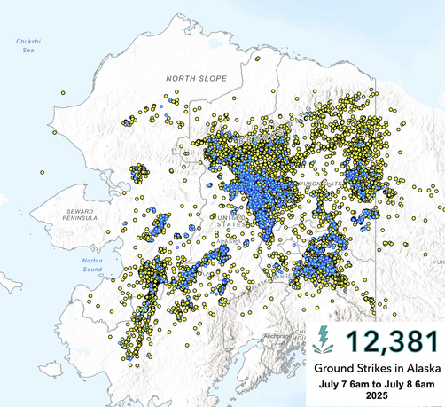 Map centered on Alaska showing recorded lightning strikes 6am AKDT Monday to 6am Tuesday, July 7-8, 2025. Strikes are concentrated in the northern Interior with another cluster in the middle Tanana valley.