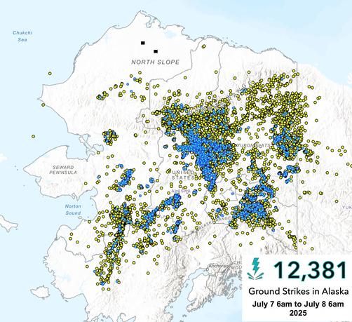 Map centered on Alaska showing recorded lightning strikes 6am AKDT Monday to 6am Tuesday, July 7-8, 2025. Strikes are concentrated in the northern Interior with another cluster in the middle Tanana valley.