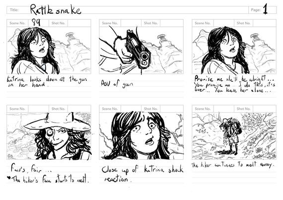 A six panel storyboard for the 2019 Netflix movie, Rattlesnake. The panel show a troubled woman looking down at the gun in her hand, while the hiker she is talking too starts melting.