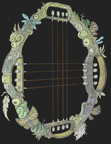 A fantasy illustration of a fictive musical instrument made to be played by a humanoid arcahnid. Essentially, it's a 2 directional harp enclosed in a circular structure. The main body of the instrument is ornately decorated with a series of insect wings, feathers, leaves and seashells.