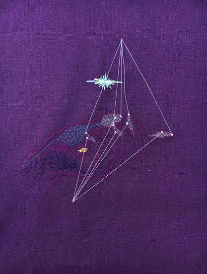 push, pull, & tingle (2018)

An embroidery on deep purple linen. There is a purple outline of a feminine right hand from the side, palm up, fingers curled slightly inward. There are many tiny white French knots covering the fingertips and light blue, gold, and navy French knots on parts of the palm. There are fine filigree lines connecting many of the French knots and white strands of thread strung from each fingertip to an apex above the hand. There is a starburst floating above the palm in white and light blue.