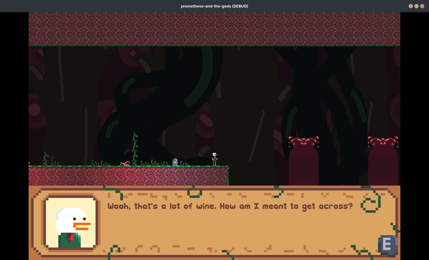 Two wine geysers can be seen in front of the pixel art duck with a red tie. The floor is covered with grass, vines, and glowing red wine glasses. There is a stone totem to the duck's left. Duck says in dialogue box: "Woah, that's a lot of wine. How am I meant to get across?"