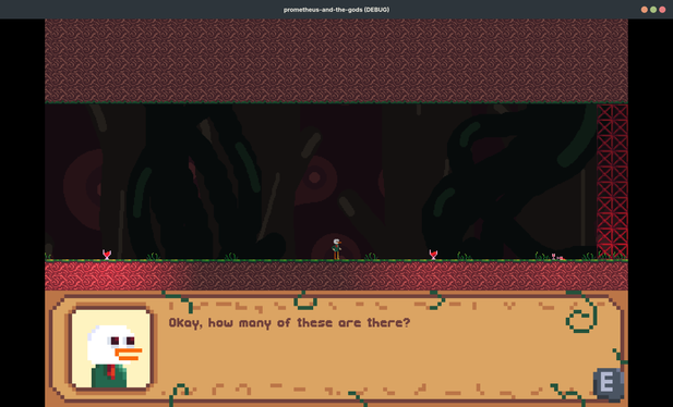 Another red barrier is in front of the pixel art duck. In the dialogue box reads: "Okay, how many of these are there?"