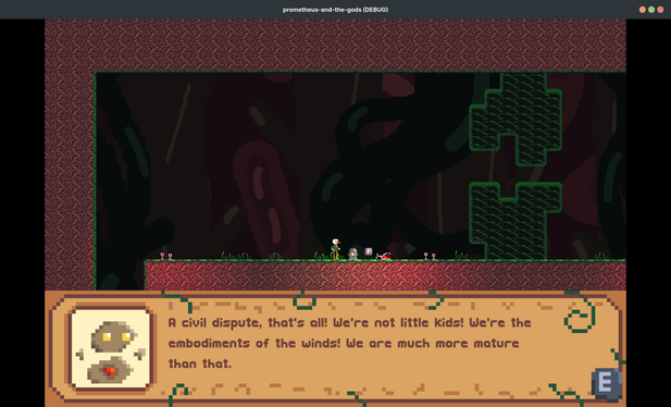A large plant obstructs the path forward for the pixel art duck. The duck is interacting with a stone totem to its right. Tan embodiment of wind says in a dialogue box: "A civil dispute, that's all! We're not little kids! We're the embodiments of the winds! We are much more mature than that."