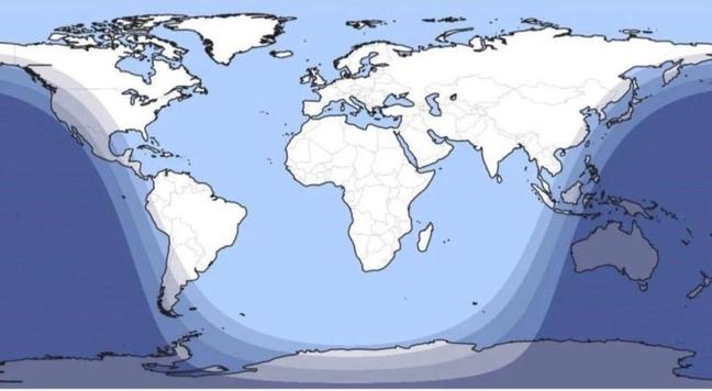 Eine Karte der Erde mit Tageslivht und Dämmerung eingezeichnet. Die Tagwslichtzone verläuft wie ein U , das am linken Rand die Westküste Nord,- und Südamerikas streift und am rechten Rand die Ostküste Asiens. Nur Australien liegt unten rechts außerhalb der Zone.