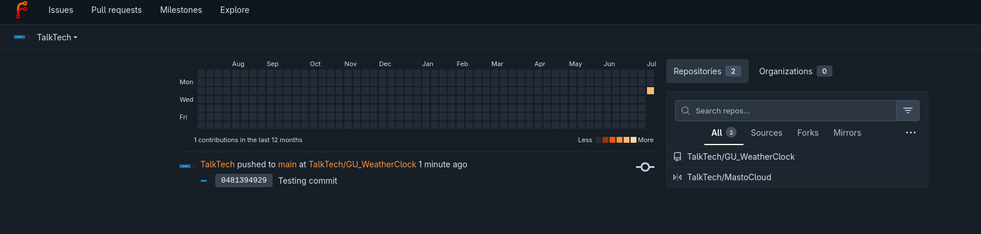 The image shows a GitHub repository dashboard. The top navigation bar includes options for "Issues," "Pull requests," "Milestones," and "Explore." The main section displays a calendar view of the last 12 months, with a grid representing days and months. The calendar highlights one contribution in the past month. Below the calendar, a message indicates that "TalkTech pushed to main at TalkTech/GU/WeatherClock 1 minute ago" with the commit message "Testing commit" and a commit hash. On the right side, there is a sidebar with a search bar labeled "Search repos..." and a dropdown menu for filtering repositories, showing "All," "Sources," "Forks," and "Mirrors." The sidebar also lists two repositories: "TalkTech/GU/WeatherClock" and "TalkTech/MastoCloud." The background is dark, and the text is primarily white, with some elements in orange and blue.