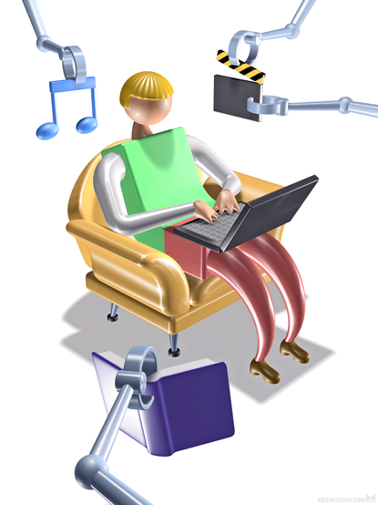 3D illustration, showing a stylized character sitting in an armchair with a laptop, while robotic arms hand a books, music and films.