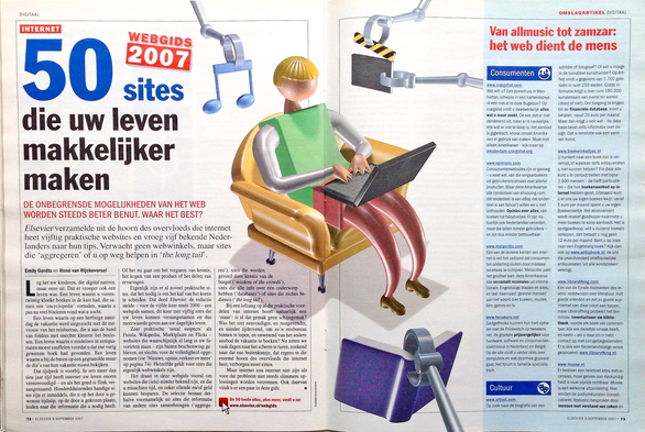 A magazine spread, featuring a 3D illustration, showing a stylized character sitting in an armchair with a laptop, while robotic arms hand a books, music and films.