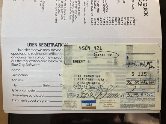 A VISA transaction record, on yellow paper (the customer copy).

Real Canadian Superstore #1572, Edmonton Alta.

The customer is Robert I. G., purchased on July 20, 1985 for $52.88.
