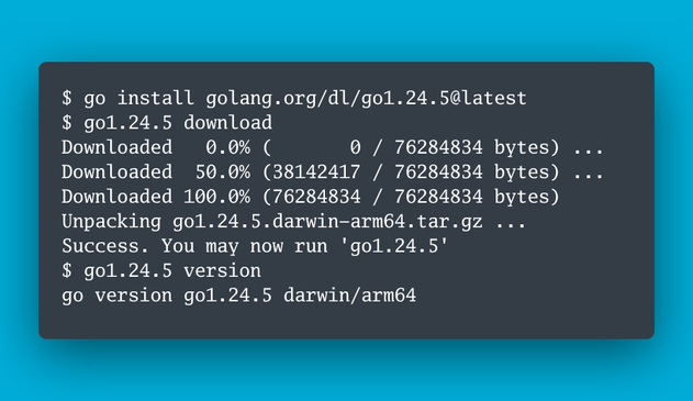$ go install golang.org/dl/go1.24.5@latest
$ go1.24.5 download
Downloaded   0.0% (       0 / 76284834 bytes) ...
Downloaded  50.0% (38142417 / 76284834 bytes) ...
Downloaded 100.0% (76284834 / 76284834 bytes)
Unpacking go1.24.5.darwin-arm64.tar.gz ...
Success. You may now run 'go1.24.5'
$ go1.24.5 version
go version go1.24.5 darwin/arm64