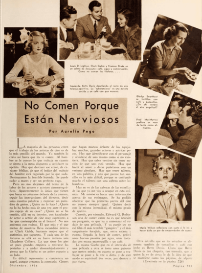 Una página de revista de 1936 que muestra a varias celebridades de Hollywood en una comida, acompañada de un artículo titulado 'No comen porque están nerviosos'. En la parte superior, se ven fotos de actores como Clark Gable y Bette Davis, mientras discuten sobre sus hábitos alimenticios peculiares.
