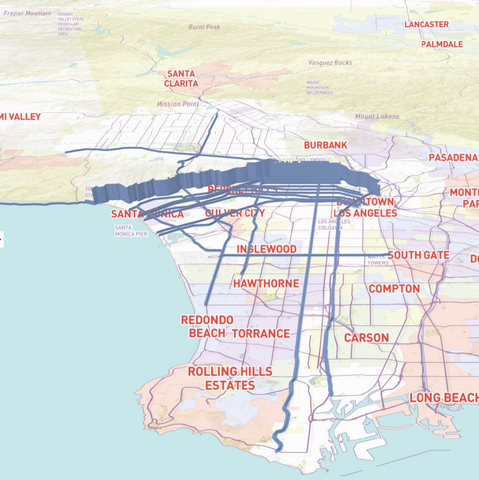 A map of Los Angeles in the style of a Thomas Guide atlas, with 3D extruded lines indicating the streets photographed by artist Ed Ruscha