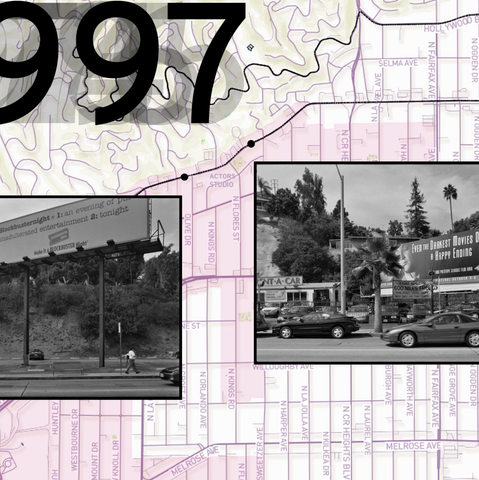A map of Sunset Boulevard highlighting two locations where Ed Ruscha photographed the same billboards over several decades