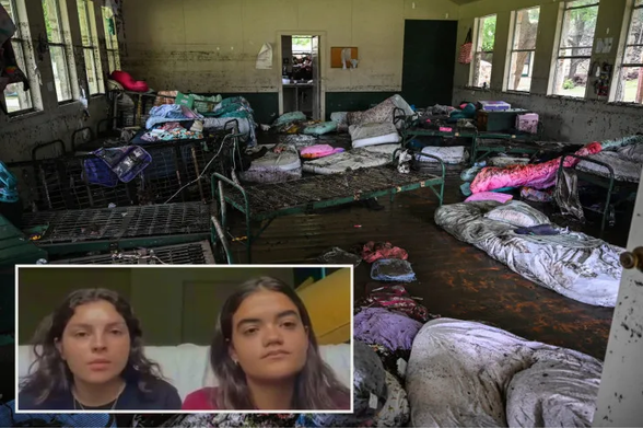Image shows a flooded camp full of destroyed cots, with an inset showing camp counselors Silvana Garza Valdez and Maria Paula Zárate.