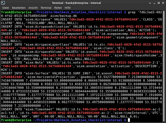 screenshot of a Terminal window, showing output of an SQLite dump file