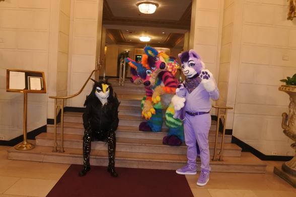 Three fursuiters in Pittsburgh at night, posing on some steps in the rear foyer of the Omni hotel.
On the left is Terry, a white, yellow and black dragon in a leather jacket and PVC jeans.
In the middle is Sherbet, a three-headed Cerberus sparkledog, and on the right is the lavender cat, Heart
