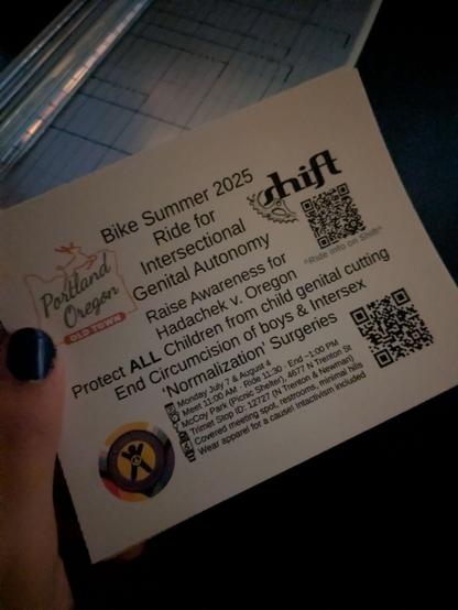 Quarter Letter page Flyer photo. 
"Bike Summer 2025 Ride for Intersectional Genital Autonomy
Raise Awareness for Hadachek v. Oregon Protect **ALL** children from child genital cutting End Circumcision of boys & intersex 'normalization' surgeries"