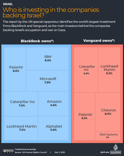The report identified US multinational investment companies BlackRock and Vanguard as the main investors behind several listed companies.

BlackRock, the world’s largest asset manager, is listed as the second largest institutional investor in Palantir (8.6 percent), Microsoft (7.8 percent), Amazon (6.6 percent), Alphabet (6.6 percent) and IBM (8.6 per cent), and the third largest in Lockheed Martin (7.2 percent) and Caterpillar (7.5 percent).

Vanguard, the world’s second-largest asset manager, is the largest institutional investor in Caterpillar (9.8 percent), Chevron (8.9 percent) and Palantir (9.1 percent), and the second largest in Lockheed Martin (9.2 percent) and Israeli weapons manufacturer Elbit Systems (2 percent).