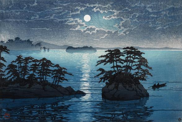 A bright full moon shines though a break in the clouds, casting silvery moonlight over the calm water and little islands scattered across Matsushima Bay. On our right, two shadowy figures pilot a small wooden boat away from one of the islands. Beyond the calm bay, low mountains cross the horizon, hazy and indisctinct in the evening light.