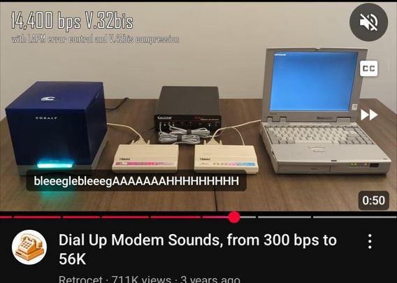 Screenshot of YouTube video of modem connect noises, which has the subtitles: bleeeglebleeegAAAAAAAHHHHHHHHH