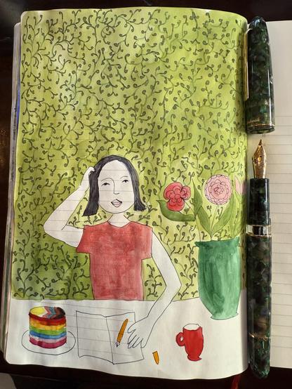 Sketch in sketchbook of me scratching my head while I have a pen and notebook in front of me. There is also a rainbow cake and a vase with flowers.
