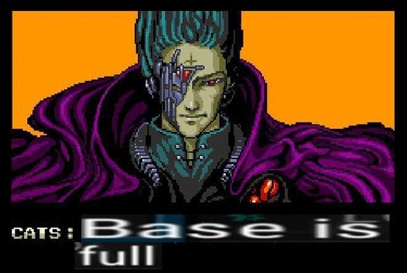 CATS ambassador from Zero Wing but instead of saying "ALL YOUR BASE ARE BELONG TO US", he's saying "Base is full" (from Infinitode 2).