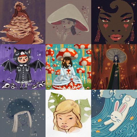 9 images from bonnie thompson's illustration portfolio;  a variety of mushroom queens, a pixel art close up of a beautiful black woman, a sketch of a girl in a cat costume with bat wings, a painting of a girl and monstera leaves, a rabbit diving through a wave